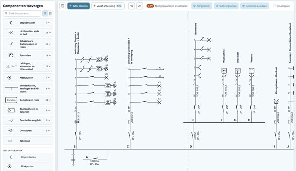 Le même schéma unifilaire ouvert dans l'éditeur 1filaire, avec la bibliothèque de symboles à gauche et tous les circuits en composants modifiables.