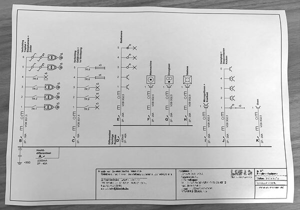 Photo d'un schéma unifilaire papier posé sur une table, avec le différentiel général, les circuits et le cartouche en bas.