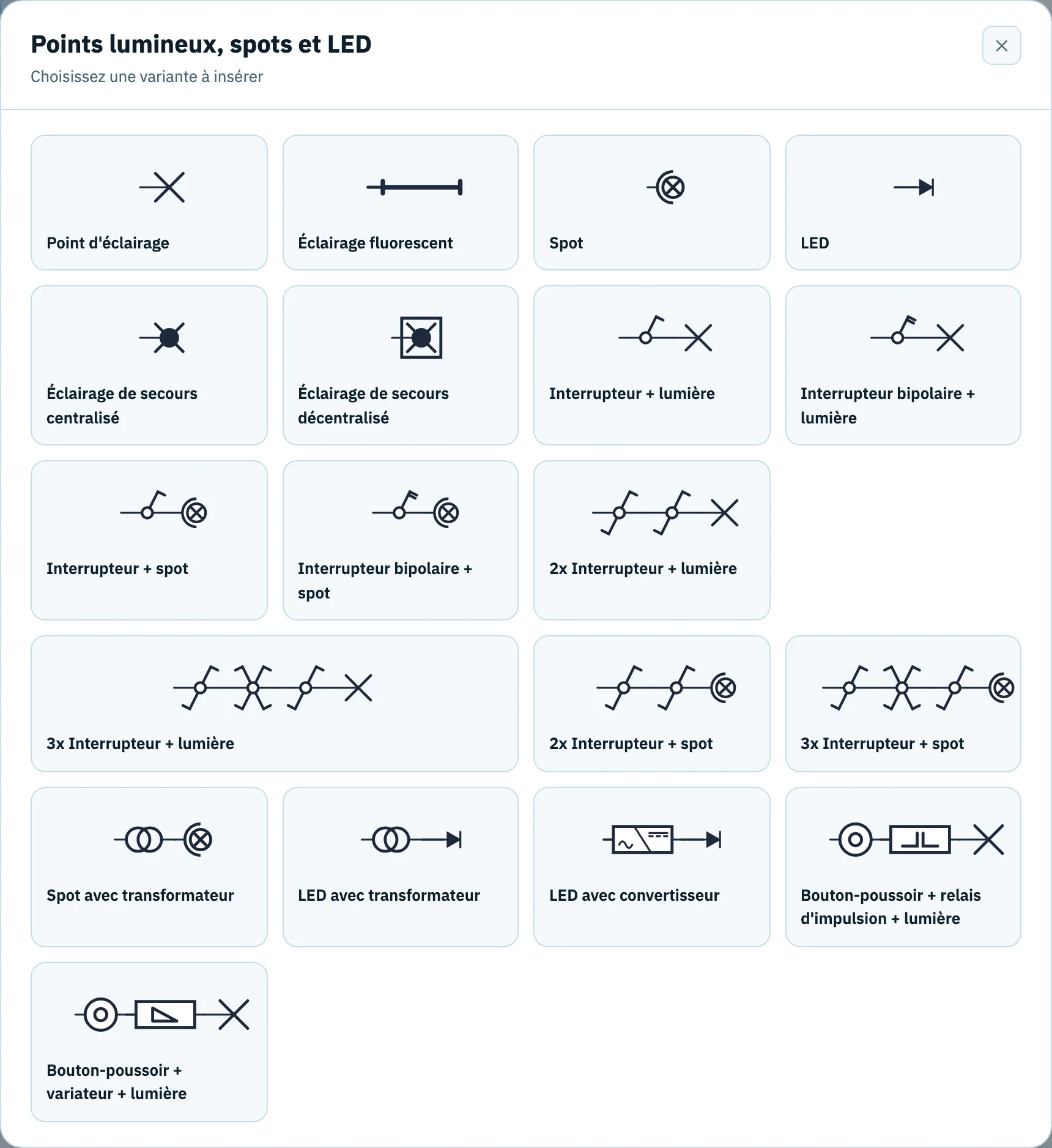 La fenêtre Points lumineux, spots et LED avec des variantes comme Point d'éclairage, Interrupteur + lumière, Interrupteur bipolaire + lumière, 2x Interrupteur + lumière et 3x Interrupteur + lumière.