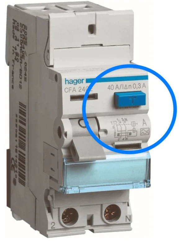 Un interrupteur différentiel bipolaire. Entourés : l'inscription 40 A / IΔn 0,3 A, le bouton de test bleu T et le symbole du type A.