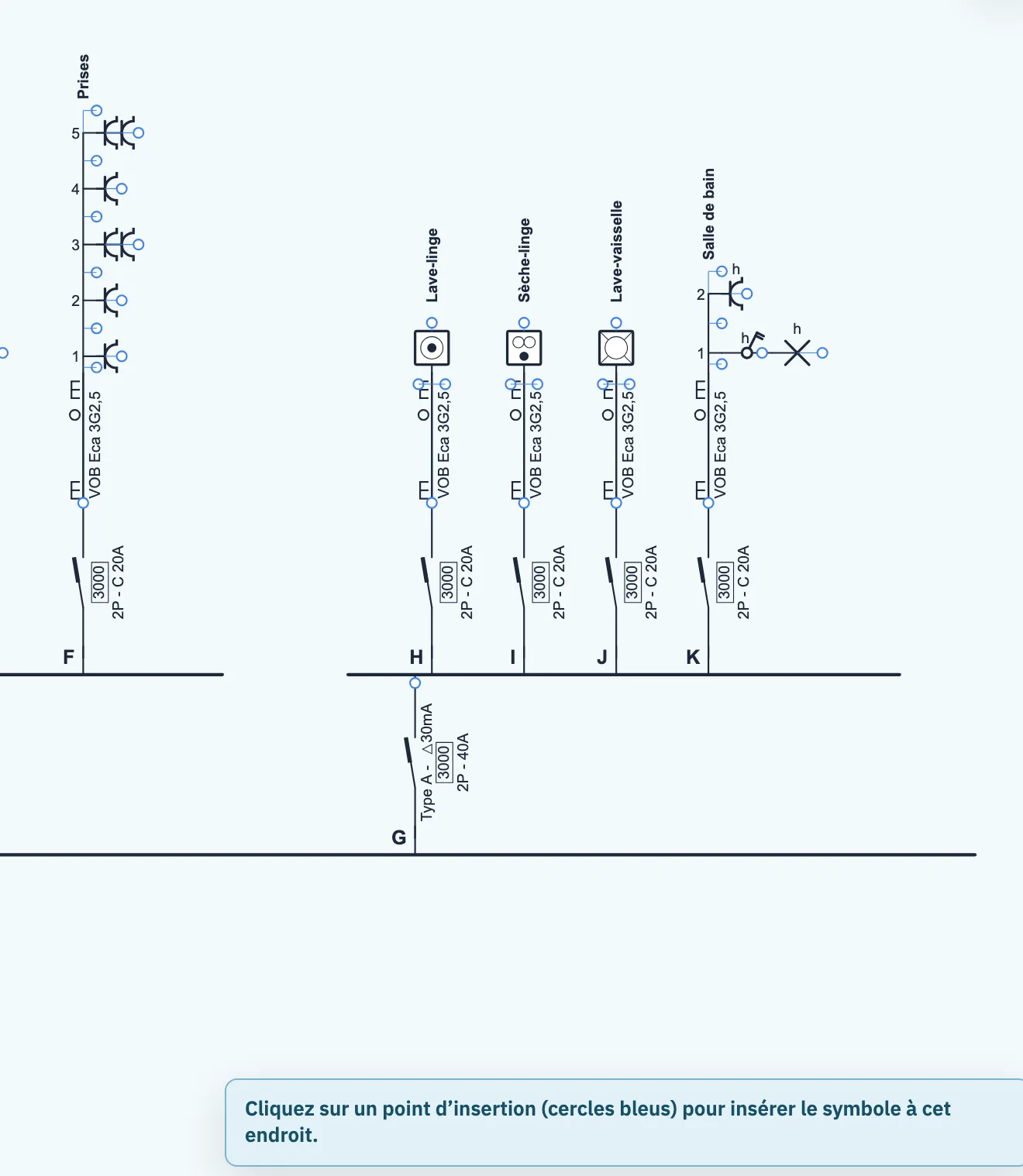 La feuille de dessin en mode d'insertion : des points d'insertion bleus sur les circuits et sur les rails, avec en bas le message Cliquez sur un point d'insertion pour insérer le symbole à cet endroit.