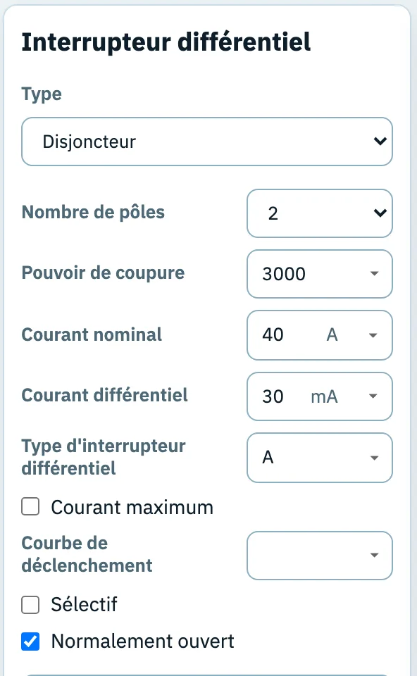 Le panneau de réglages du différentiel : courant différentiel 30 mA, type A, 2 pôles, courant nominal 40 A.